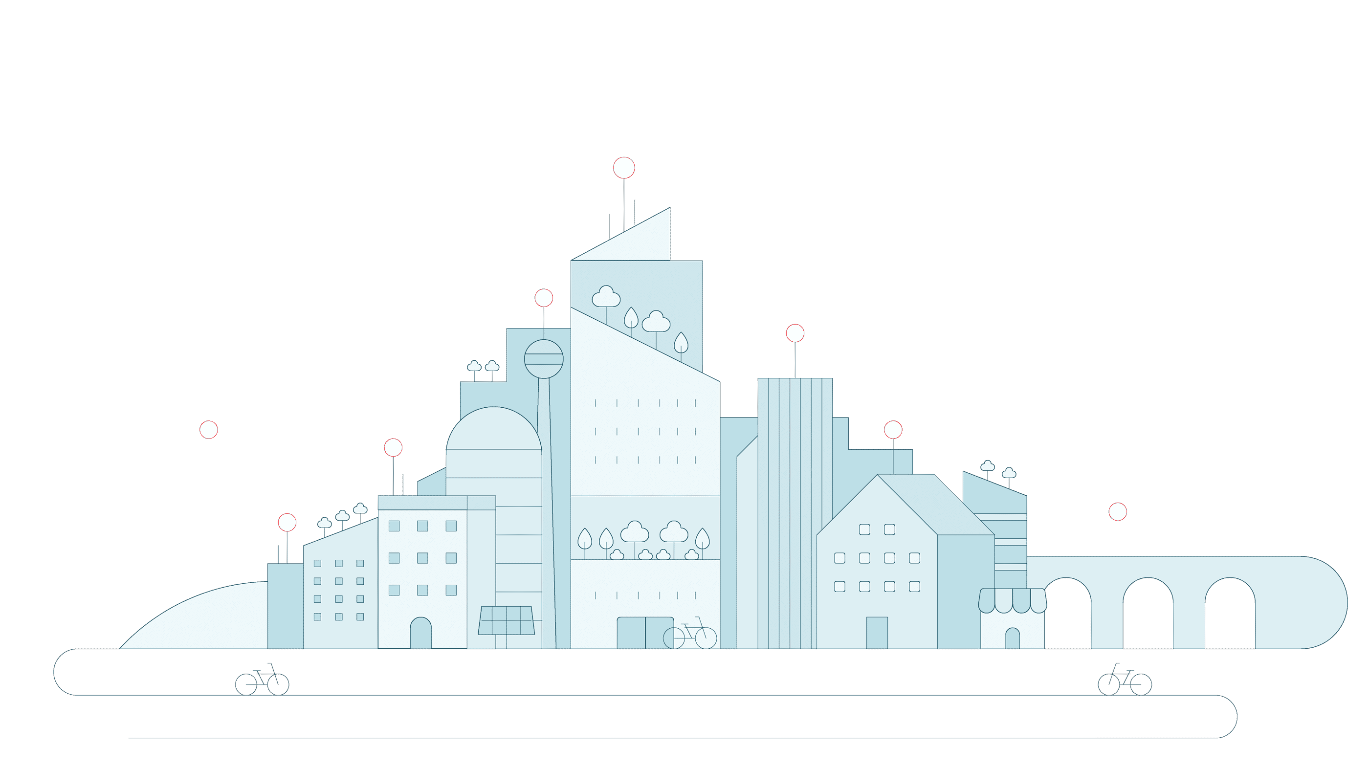Illustration of a bustling city with tall buildings, trees and roads.