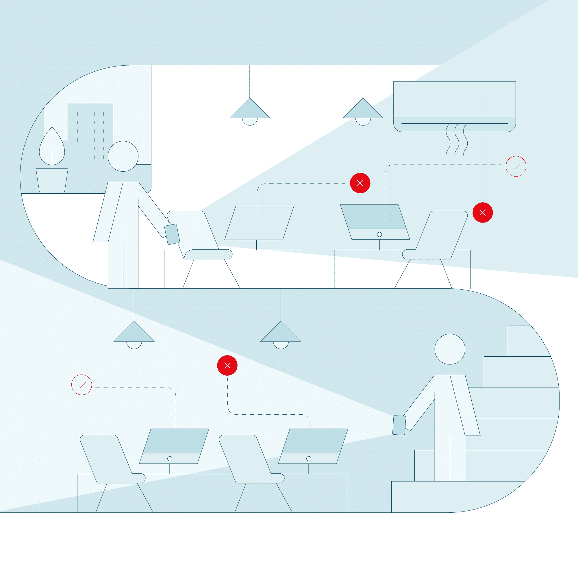 Illustration of experts scanning an office space to detect sensors and determine the health of the building, and what may require maintenance.