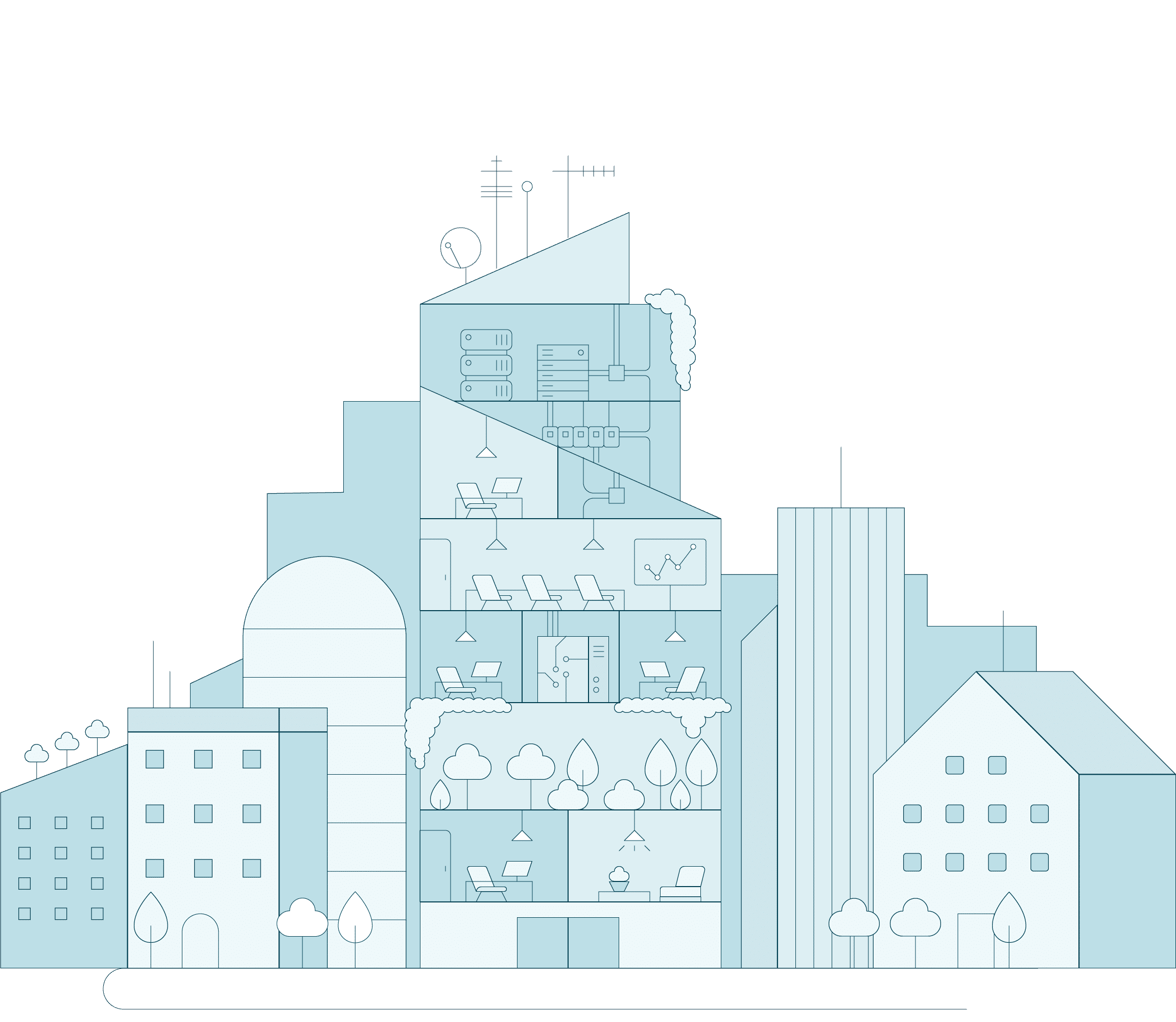 Illustration of a bustling city, revealing the interior of an office building in the center that is operated by technology to power computers, lights and more.