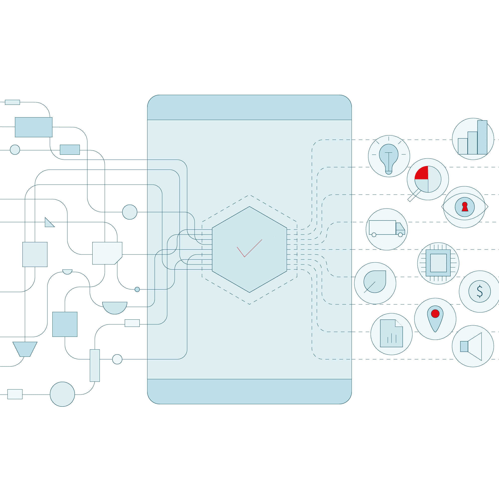 Illustration of a tablet that takes in many data points, ingests, cleans up and procosses the data to produce actionable insights.